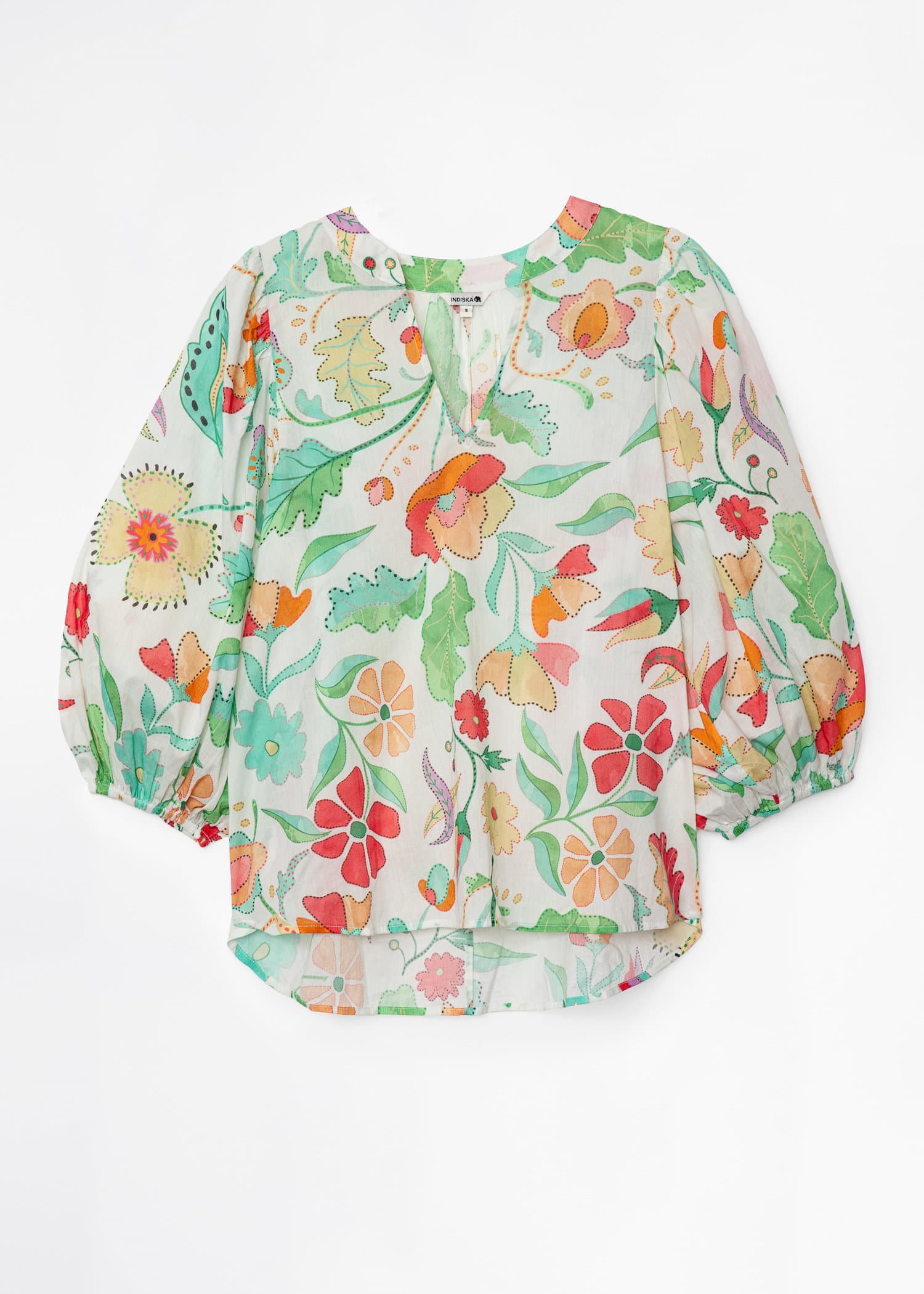 HANA - Blommig blus med puffärm - Grön | Indiska.com