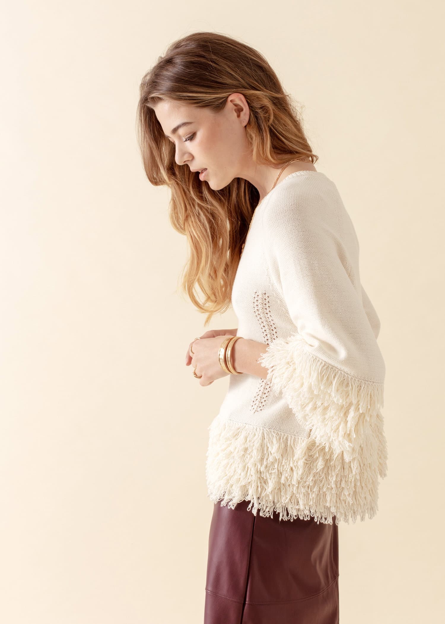 ALMA Stickad tröja med fransar - Vit 1 - Indiska