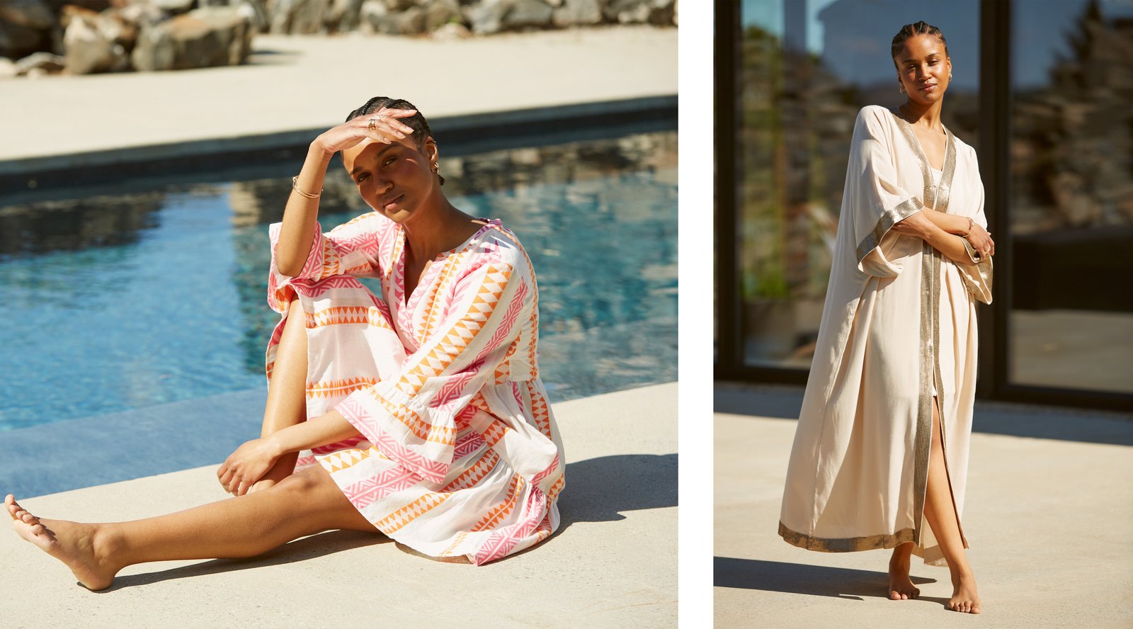 A girl with brown hair by the pool area. The girl is wearing a long beige caftan in one of the pictures and one short pink tunic in the other.