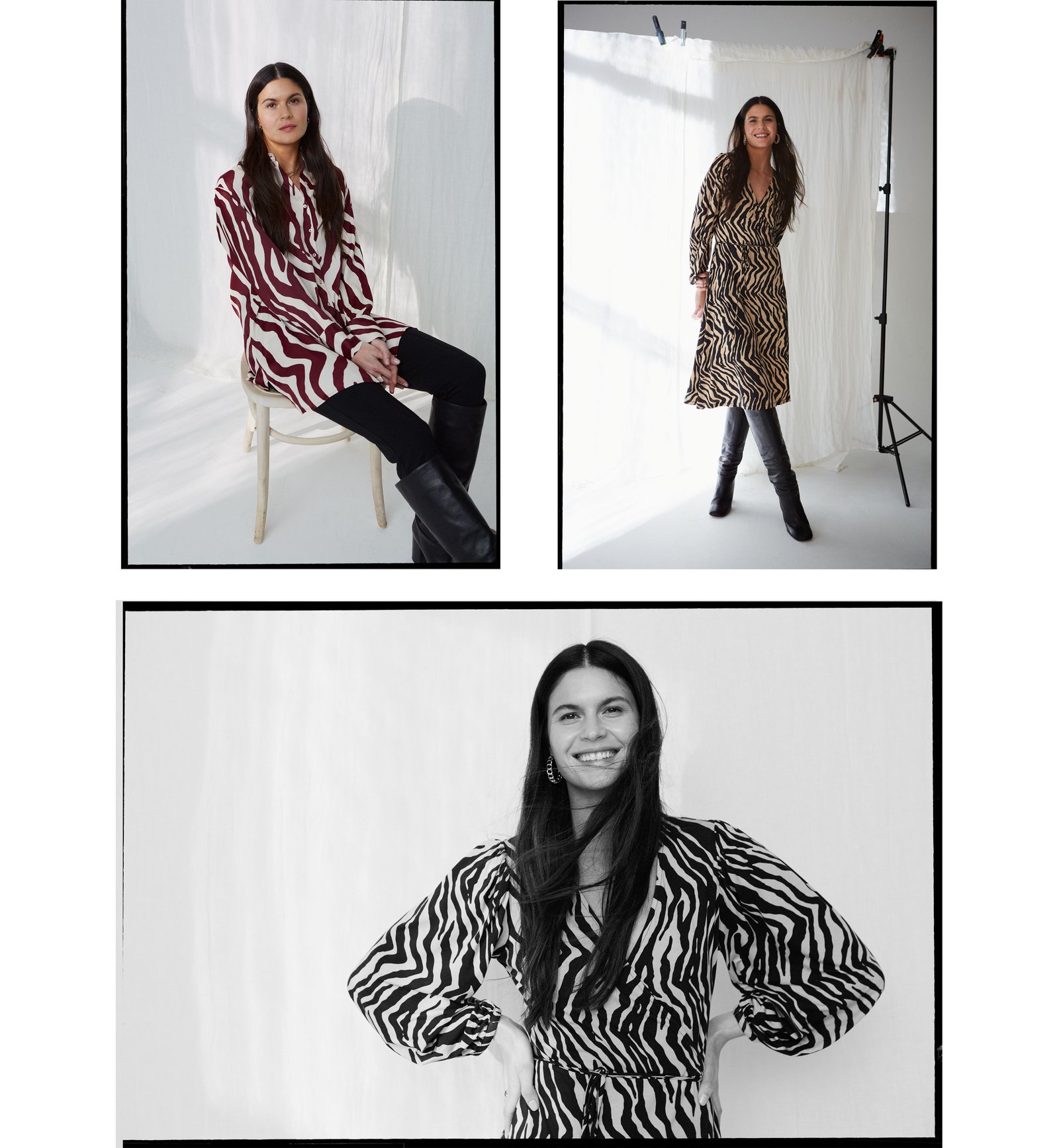 Collage of a woman with dark hair wearing three different outfits from Indiska. A zebra pattern dress called Ziggy dress, a jersey zebra patterned dress called Senja and a zebra pattern shirt called Chris with wide pants. 
