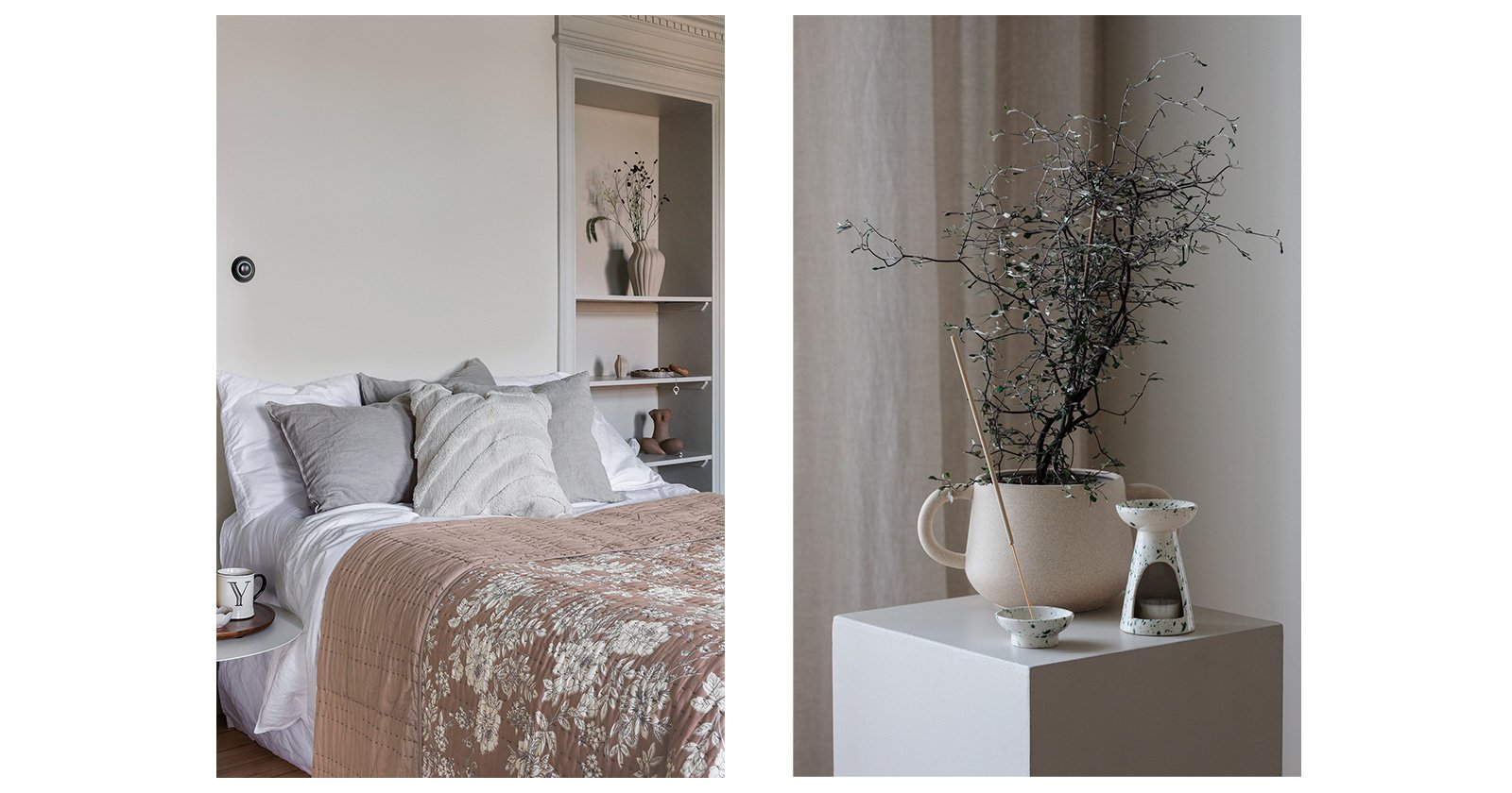 A collage with two pictures. On the left there is a bed with fluffy pillows and a bredspread from Indiska to the left. To the right is a table with a beige vase with branches and an insence holder from Indiska