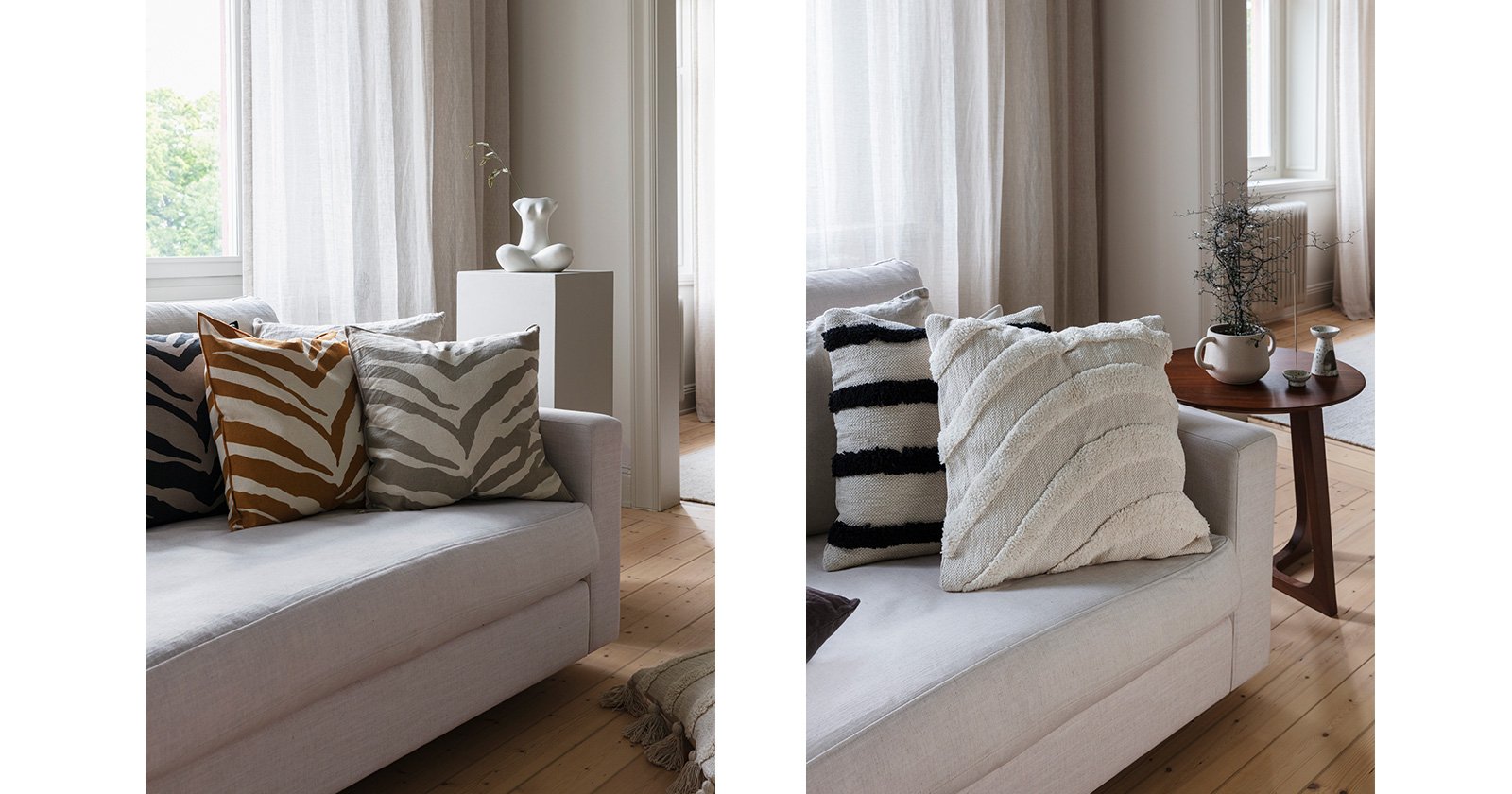 Kolme seeprakuvioista tyynyä valkoisella sohvalla