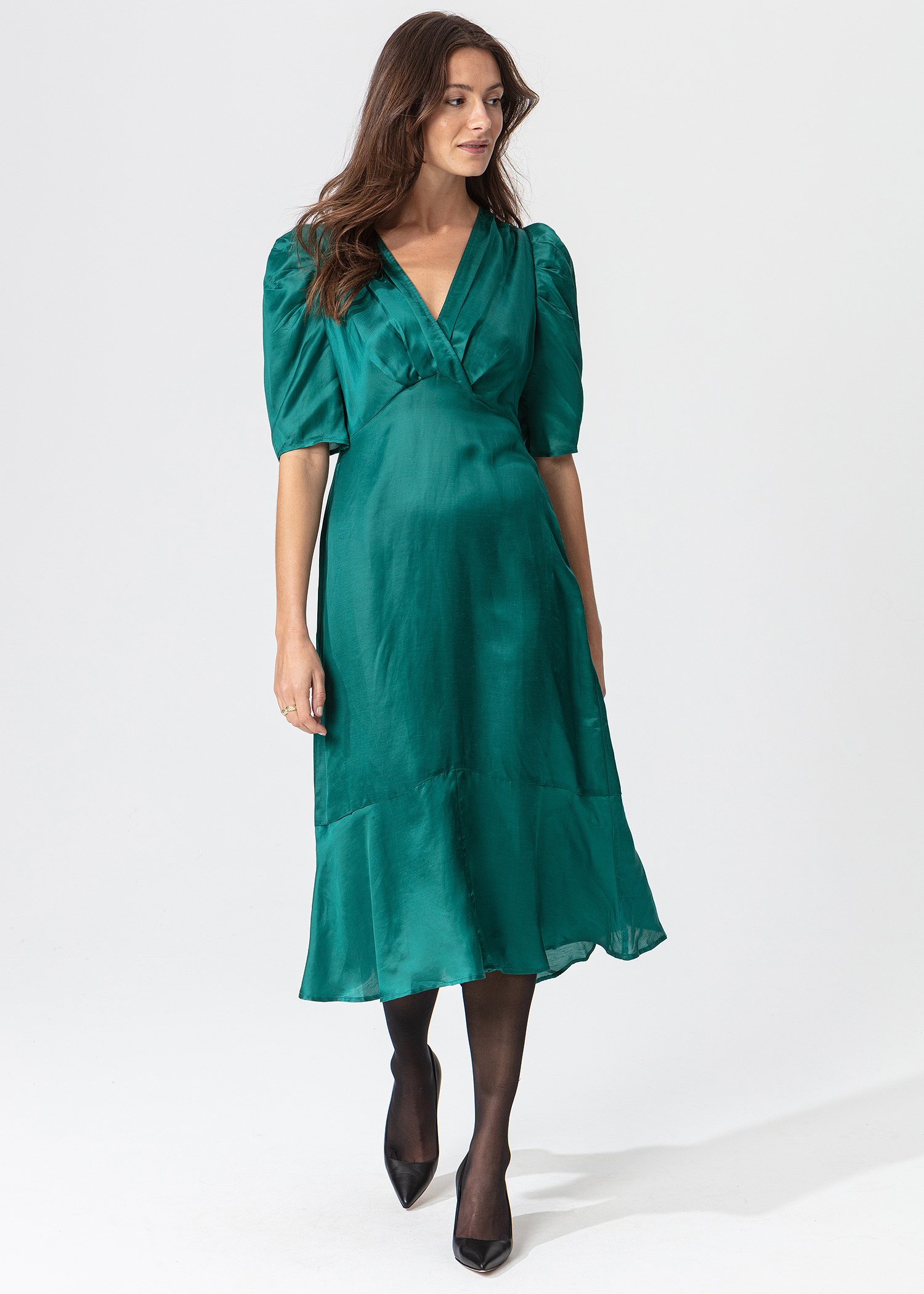 Green dress with puff sleeves thumbnail 4
