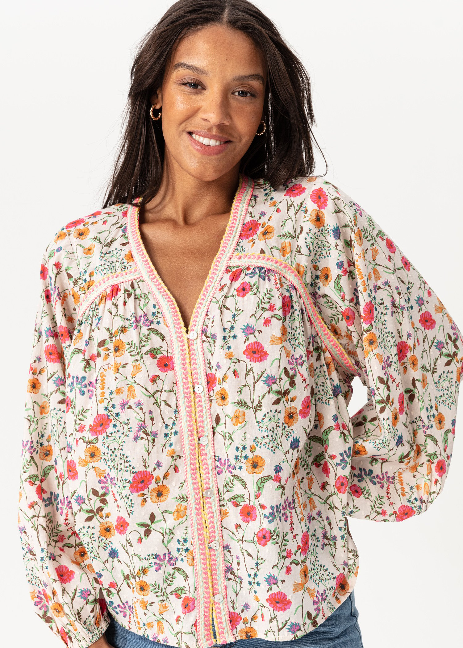 Blomstret bluse med puffermer Image 6