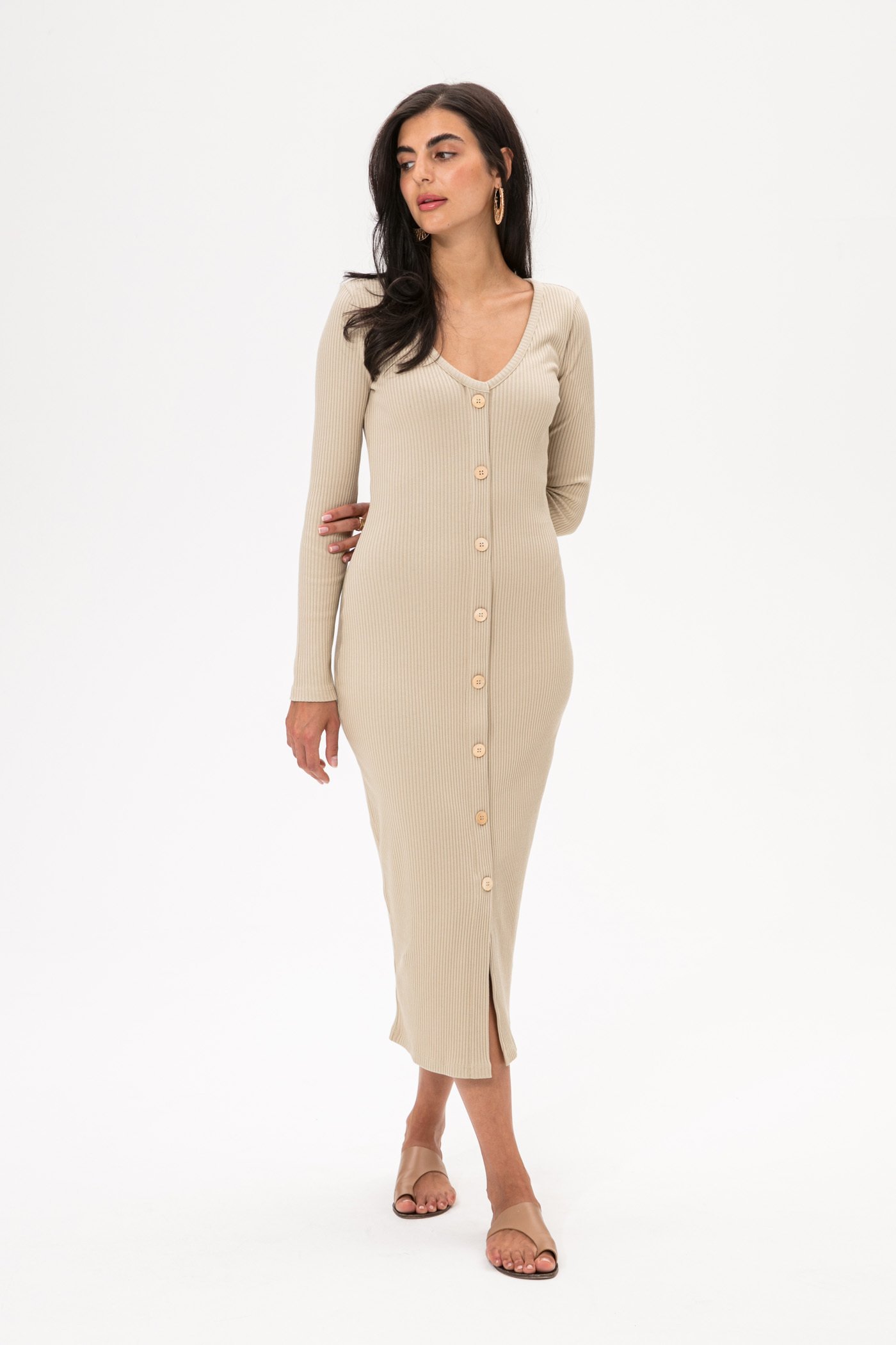 Beige ribbed knitted dress thumbnail 0