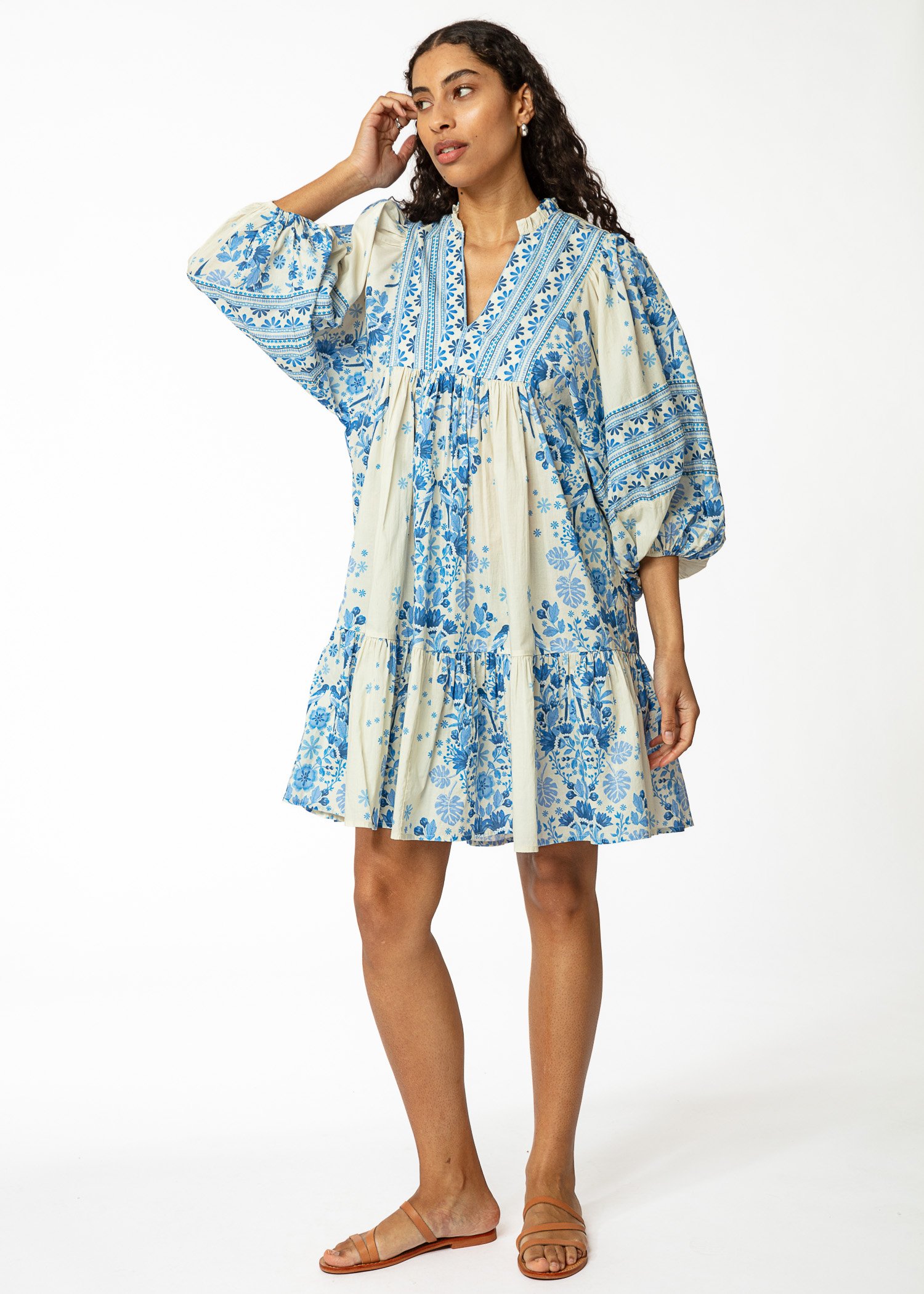 Blue cotton tunic with puff sleeves thumbnail 0