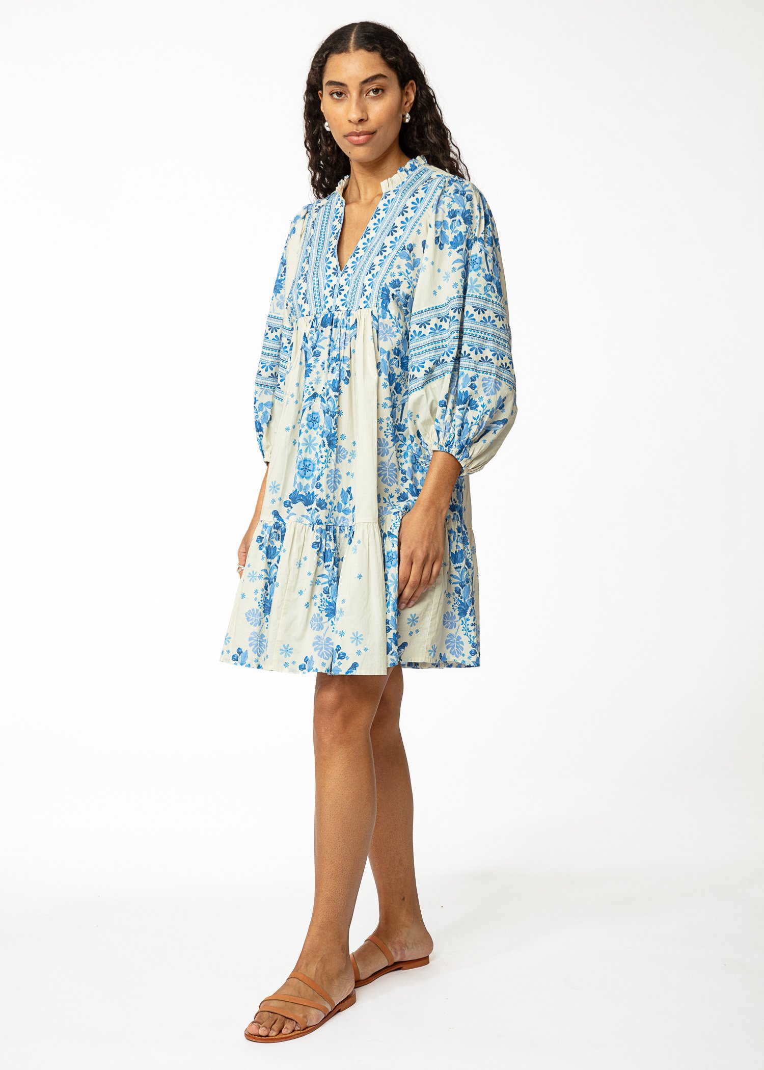 Blue cotton tunic with puff sleeves thumbnail 2