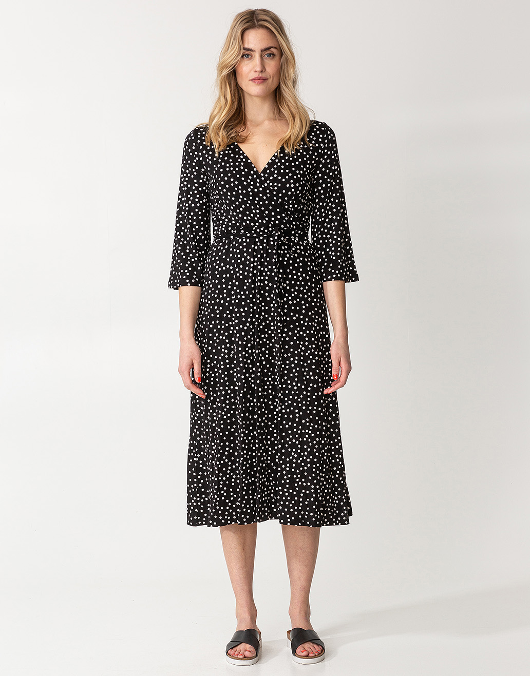 Dotted 3/4 sleeve wrap dress thumbnail 1
