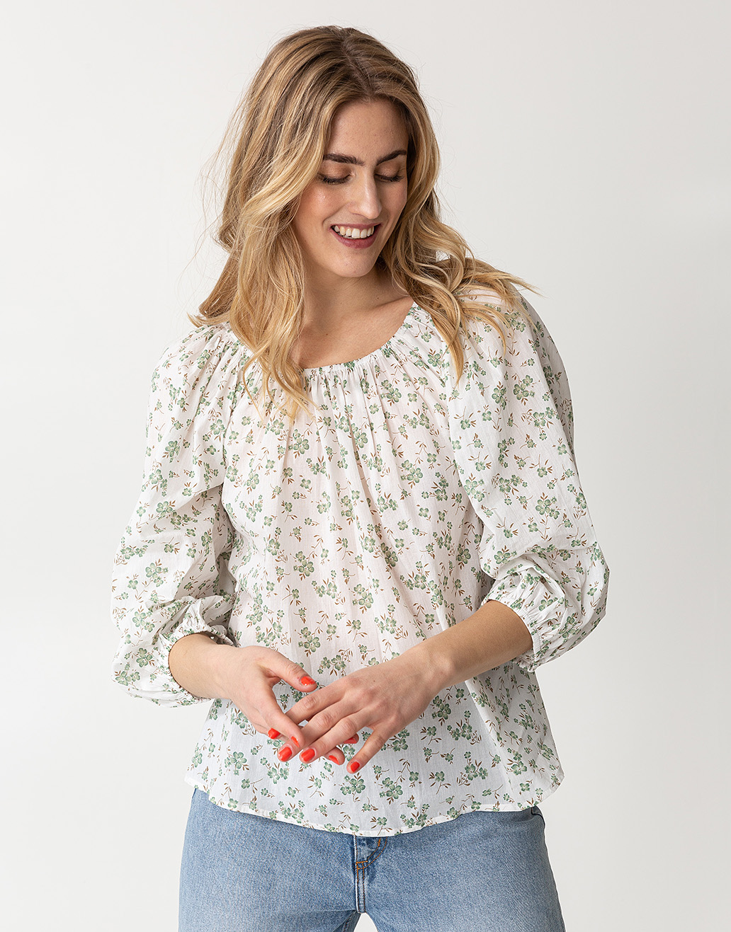 Floral off-shoulder puff sleeve blouse thumbnail 0