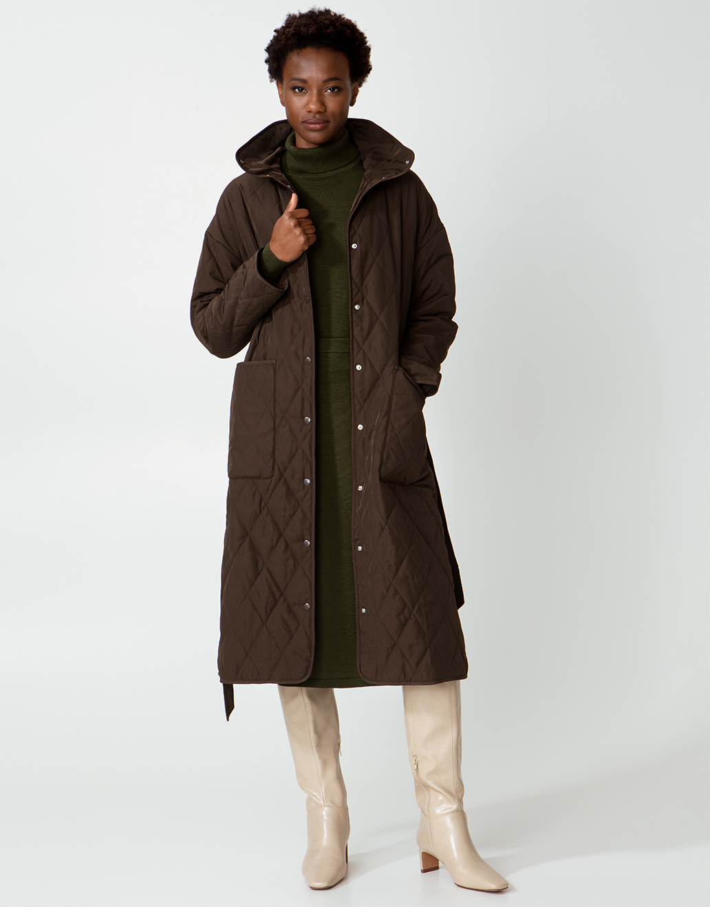 Brown quilted belted coat thumbnail 0