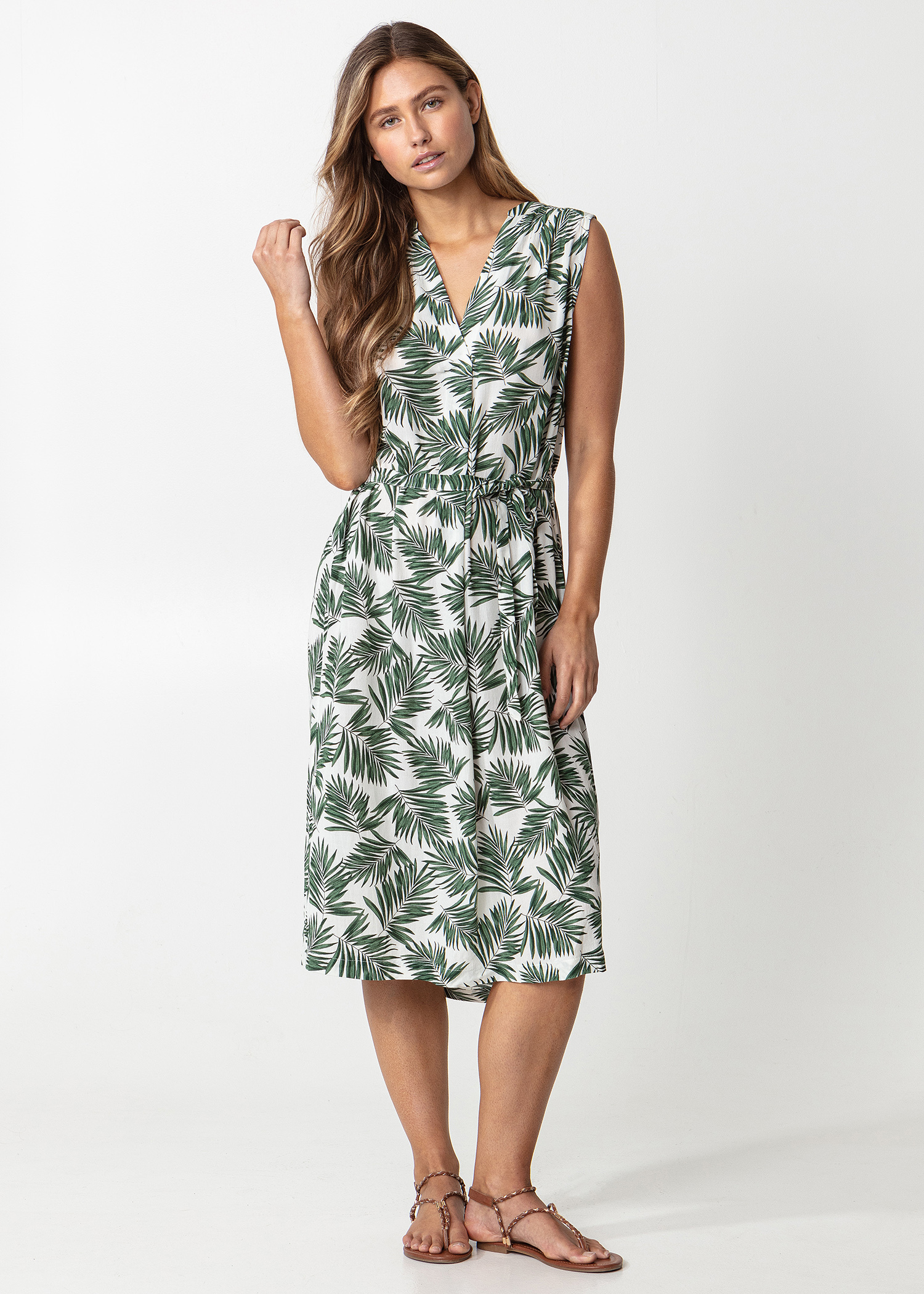 Mønstret ermeløs kjole med knytebånd i midjen Image 0