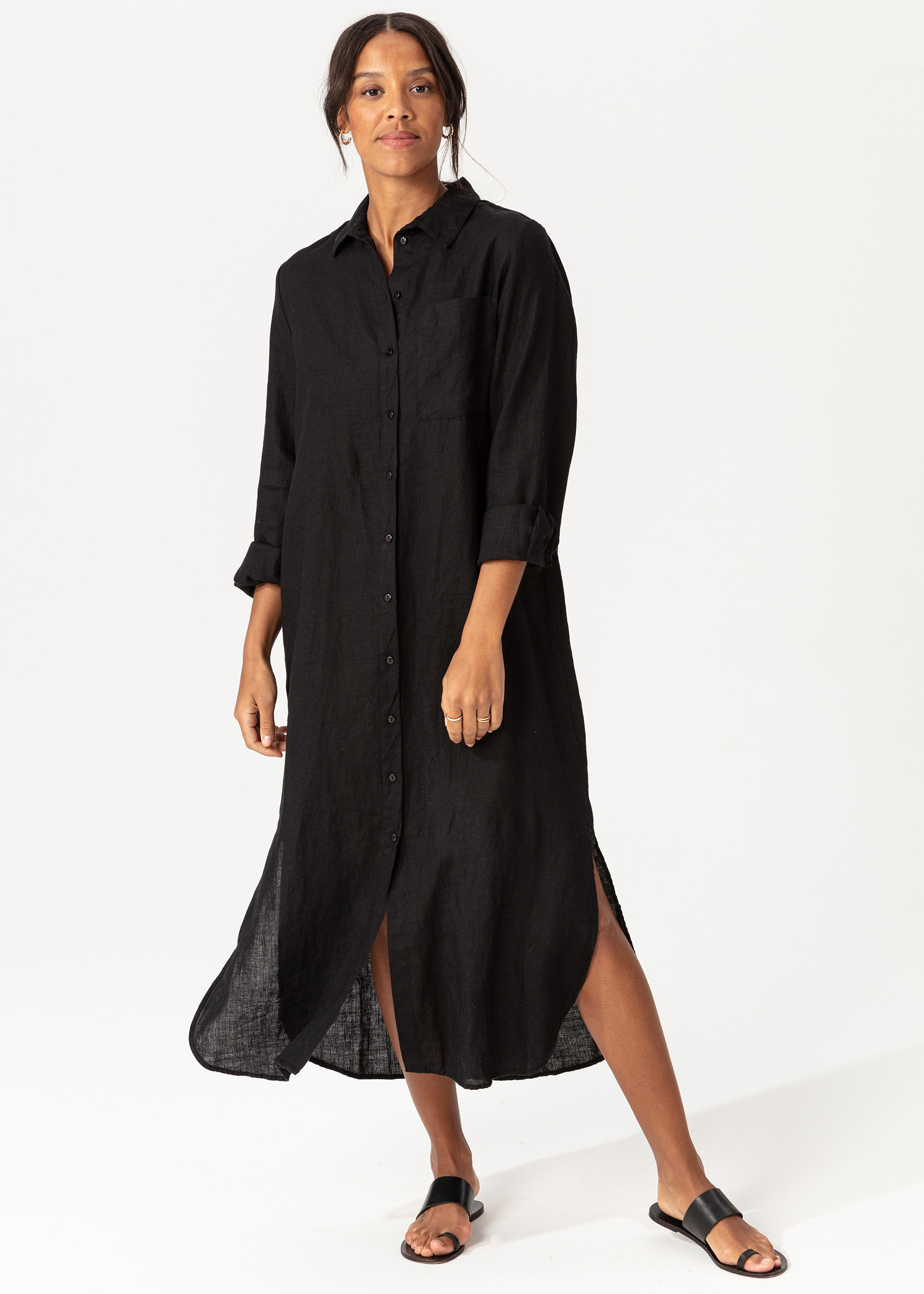 Black organic linen shirt dress thumbnail 0