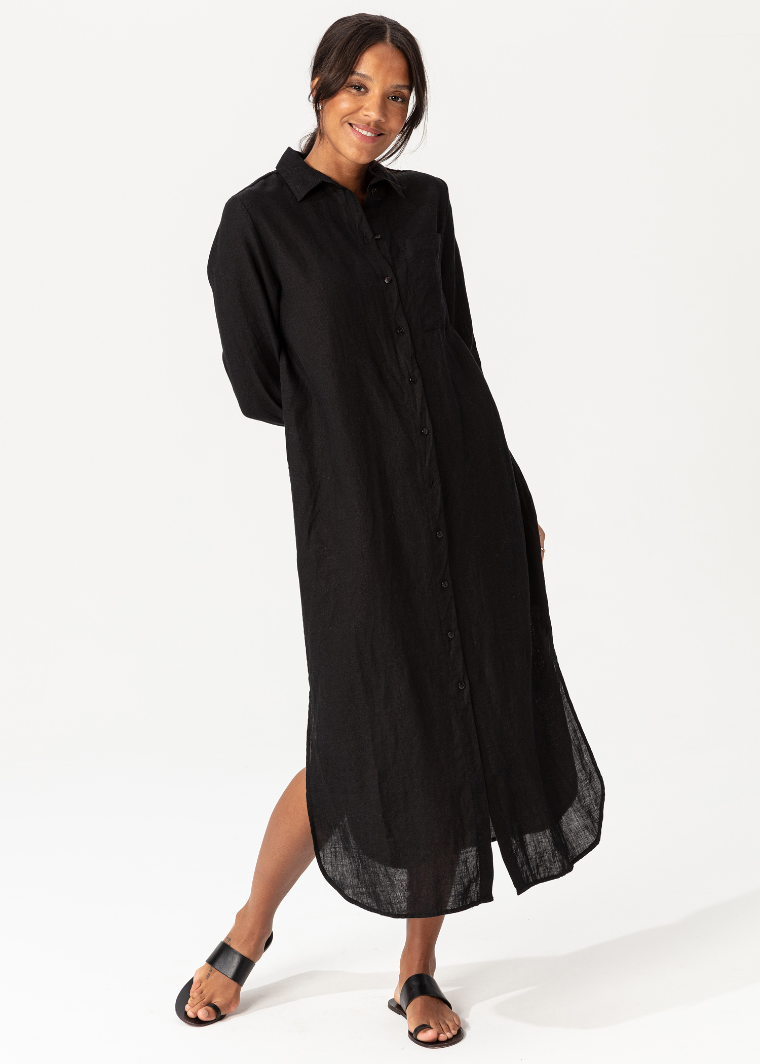 Black organic linen shirt dress thumbnail 3